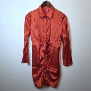 Mundefeis Orange Satin Ruched Tie Front Dress Glam Club Brand NewSize Medium